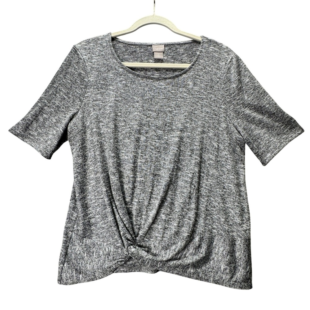 Chicos Womens Top Size 1 Medium Gray Marled Knit Twist Front Short Sleeve